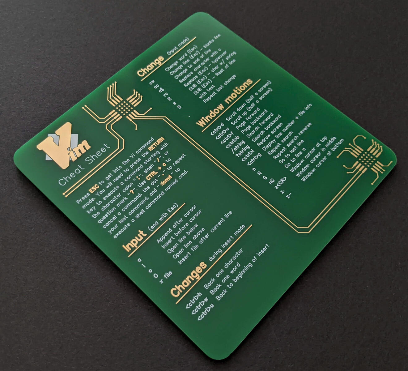 Green Vim Cheat-Sheet on a real PCB